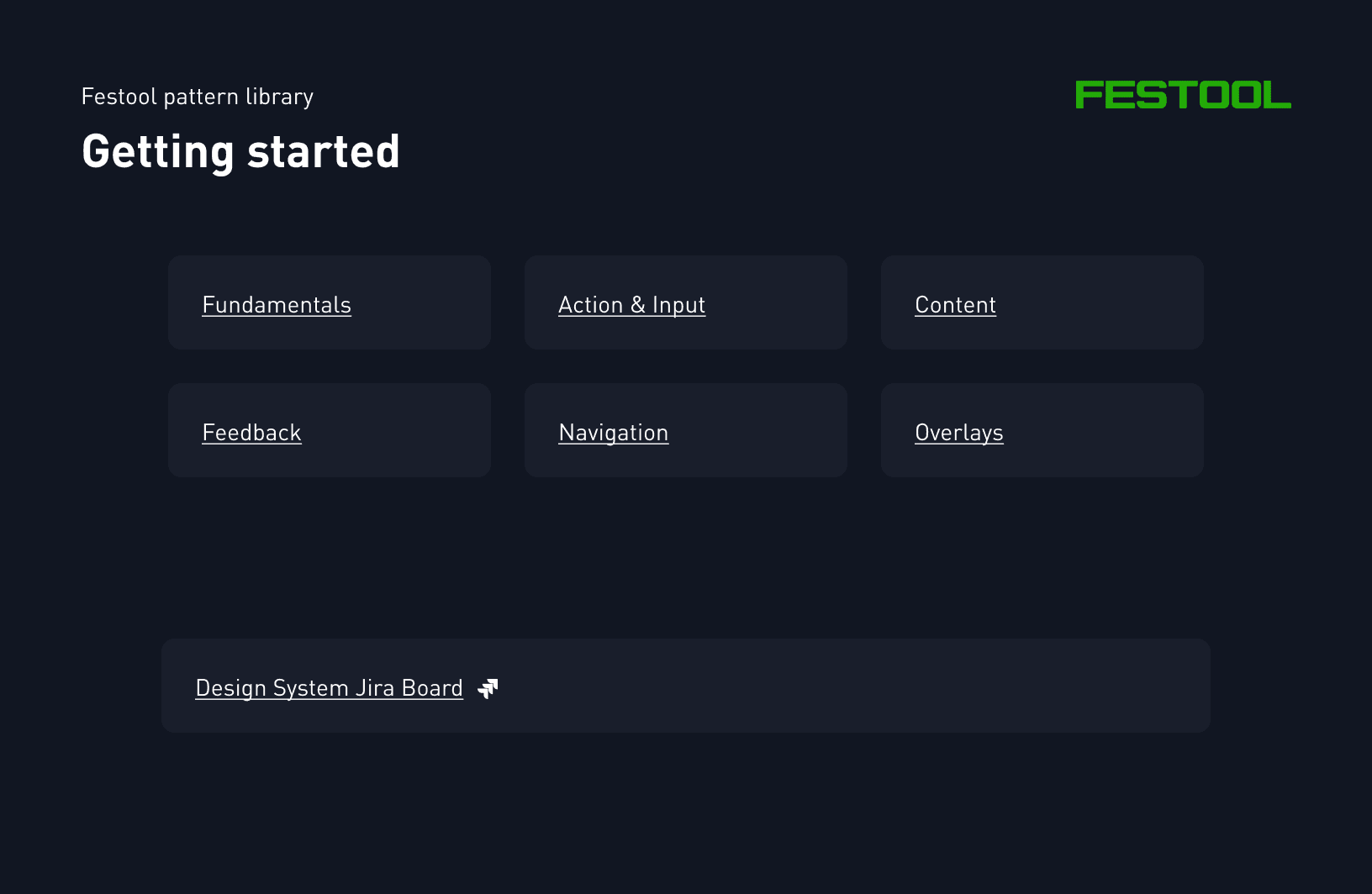 Festool Pattern Library startpage in Figma file.